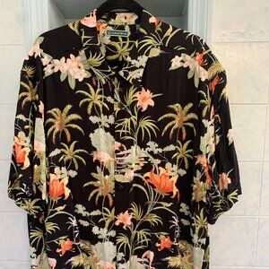 NWOT MENS BLACK TROPICAL PRINT SHIRT SIZE XXL ~ PALM TREES and FLAMINGOS!!